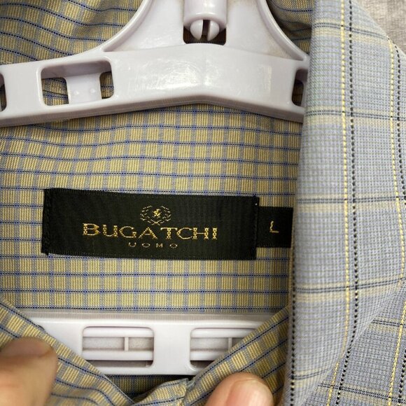 BUGATCHI Button Front Shirt Men Large Blue Plaid Hidden Button Collar Rayon/Poly - Picture 7 of 11